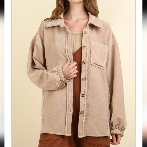 new in Jackets & Blazers - New In Mixed Media Oversized Button Down Beige Shacket Shirt Jacket